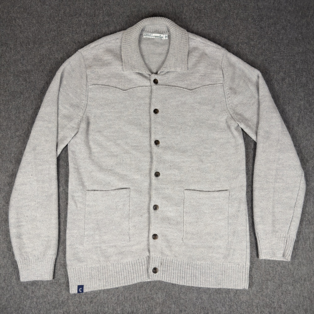 Criquet Sweater Mens Medium Gray Baby Alpaca Button Cardigan Collared Knit